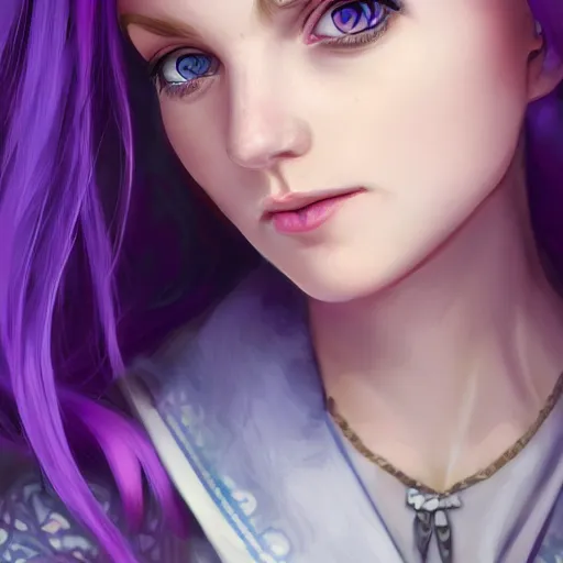 Image similar to Abigail from stardew valley, purple hair, blue eyes, large eyes, portrait, cgsociety, realistic, highly detailed, sublime, 16k, smooth, sharp focus, trending on ArtStation, hyperdetailed, volumetric lighting