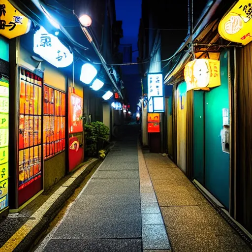 Prompt: Japanese alleyway at night, with a vending machine and powerlines hanging above. Professional quality photograph