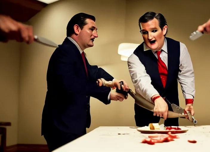 Image similar to ted cruz with a knife, movie still, from the new purge movie, 8 k, realistic