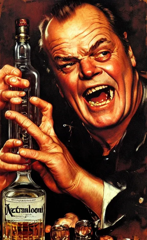 Image similar to illustration of a clear whiskey bottle with jack nicholson inside the bottle, by norman rockwell, roberto ferri, daniel gerhartz, edd cartier, jack kirby, howard brown, tom lovell, jacob collins, dean cornwell