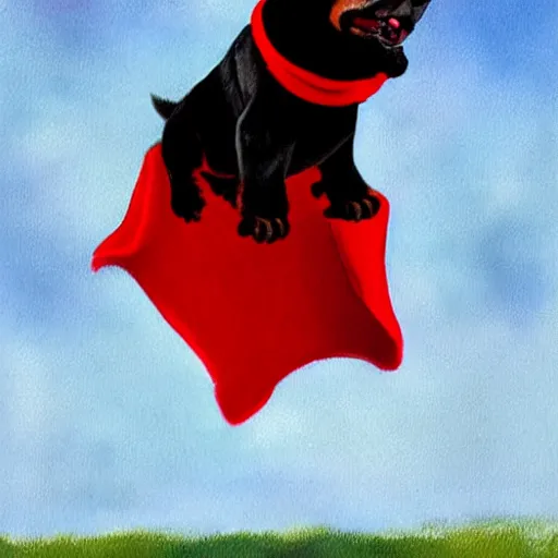 Image similar to Flying Rottweiler wearing a red cape, caricature