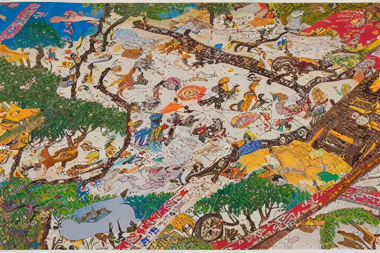 Image similar to an elaborate and dense painting of a kids road map carpet rug, detailed, made of alcohol ink on parchment and penned illustrations, by wes anderson and geoff darrow!!!!!