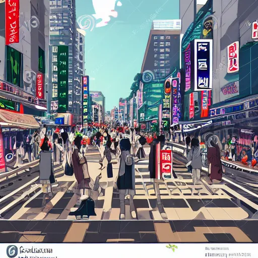 Image similar to seoul city view. People are walking on the street. Anime style. Hyper detailed