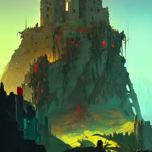 Image similar to concept art of a post - apocalyptic ruined monastery at the top of a mountain, grimy, gritty, trending on artstation, award winning painting, cgi, art by anton fadeev and john howe and guy denning and john harris