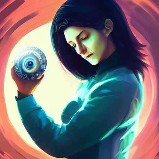 Image similar to a digital painting of a woman holding a circular object, cyberpunk art by cyril rolando, featured on cgsociety, fantasy art, wiccan, steampunk, reimagined by industrial light and magic