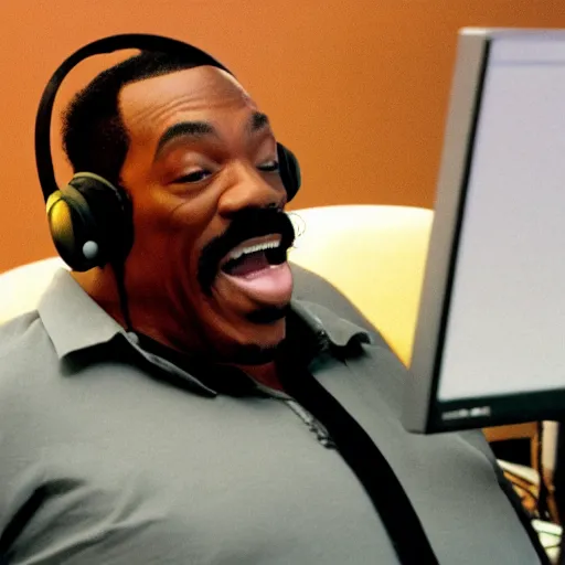 Image similar to obese Eddie Murphy wearing a headset yelling at his monitor while playing WoW highly detailed wide angle lens 10:9 aspect ration award winning photography by David Lynch esoteric erasure head