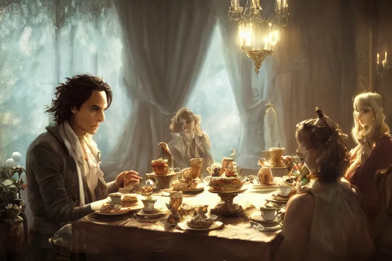 Prompt: frank dillane having a fancy tea party, beautiful, grand, wistful, digital painting, extremely detailed, sharp focus, bright colors, octopath traveler, unreal engine 5 highly rendered, global illumination, radiant light, highly detailed face