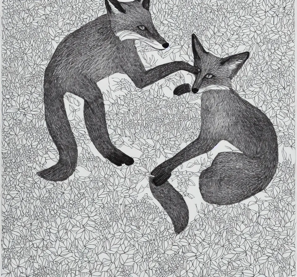 Prompt: fox playing in tranquillity garden black ink drawing by james jean very detailed high contrast xuan paper lush background