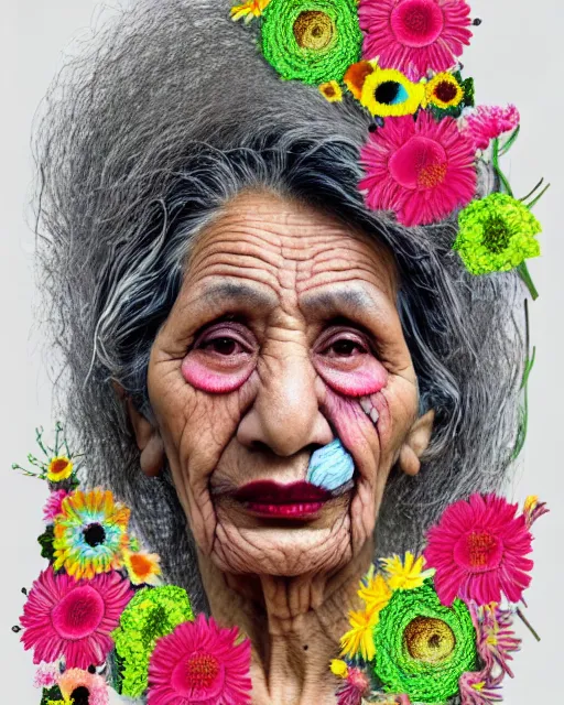 Prompt: a portrait of a beautiful fleshy old mexican woman who is surprised she is still alive, covered in flowers in the style of guiseppe arcimboldo and james jean, covered in wispy gray hair with a hint of neon, mixed media, hd, 3 d