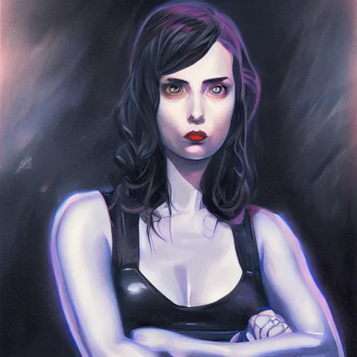 Prompt: portrait painting of a space mechanic, retrowave noir, in the style of frank cho, casey baugh and james jean, hyper realistic face, photorealistic face