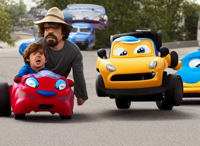 Image similar to peter dinklage and buert reynolds driving a little tikes cozy coupe, movie still, from the new smokey and the bandit movie, 8 k, realistic