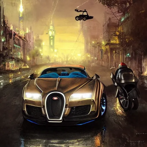 Image similar to inspector gadget riding a bugatti in the night, ultra realistic, concept art, intricate details, highly detailed, by greg rutkowski, wlop, simon bisley