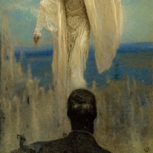 Prompt: translucent slender pale young ghost, haunted castle, emmanuel macron, by gaston bussiere, by dean cornwell