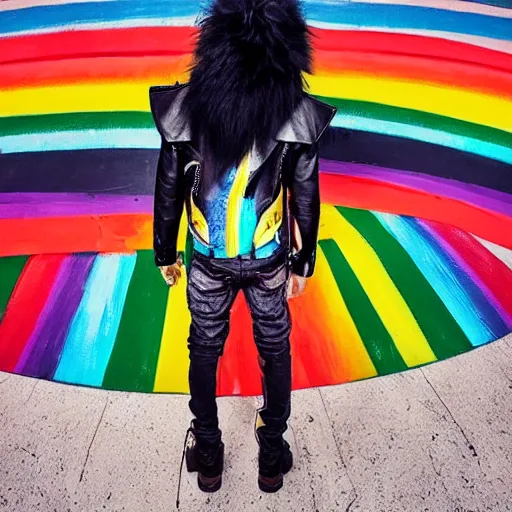 Image similar to wide angle full body, jacket wearing fluffy cute rainbow kitten wearing a black leather motorcycle jacket, cinematic concept art