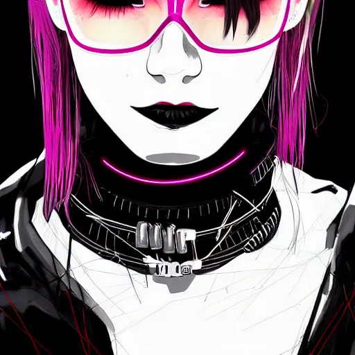 Image similar to headshot digital artwork of cyberpunk woman wearing thick black choker around neck, collar on neck, realistic, artstation, punk woman, cyberpunk style, neon,