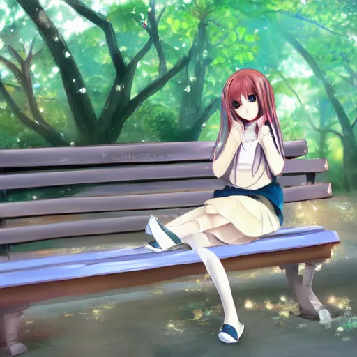 Prompt: an anime girl sitting on a bench at a park, trending on pixiv, detailed, anime, pastel colors, dramatic lighting, by kawacy