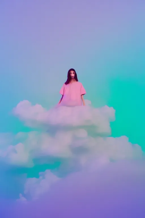 Image similar to high quality pastel coloured film photograph of a model wearing clothing resting on cloud furniture on clouds in a haze filled dreamstate world. three point light, rainbow. photographic production. art directed. pastel colours. volumetric clouds. pastel gradient overlay. waves glitch artefacts. 8 k. filmic.