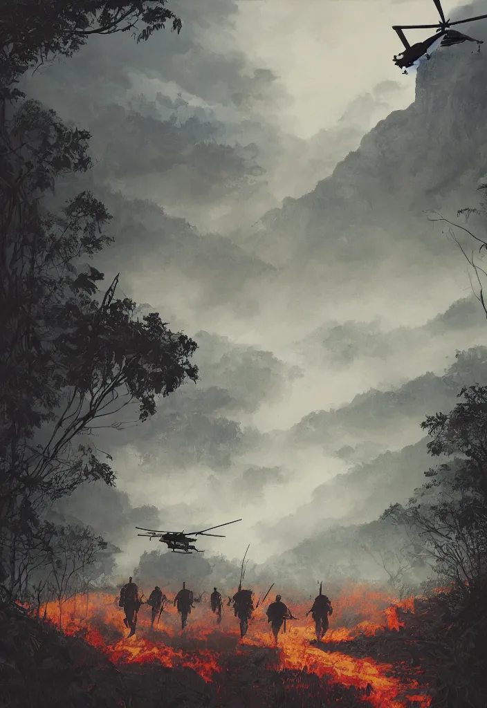Image similar to handmade illustration of an epic Vietnam war scene with a very few american soldiers walking into the jungle, some smoke and fire, blue sky with dramatic clouds, one helicopter, line art, ballpoint, oil on canvas by Kilian Eng and by Jake Parker, heavy brushstrokes, winning-award masterpiece, fantastic, octane render, 8K HD Resolution, High quality image