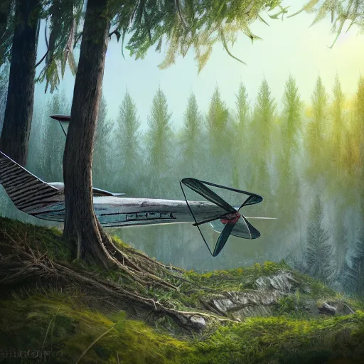 Prompt: an old plane recently crashed on a hill, there is a forest in the background, texture, intricate, details, highly detailed, masterpiece, architecture, building, trending on artstation, focus, sharp focus, concept art, digital painting, fantasy, sunny, day, midday