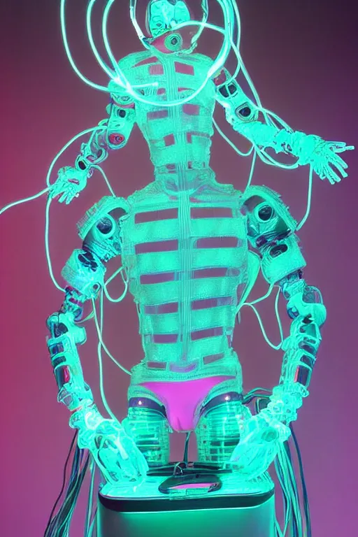 Image similar to full-body rococo and cyberpunk style mint neon and ceramic statue of a muscular attractive Nick Jonas as a robot god humanoid wearing a thin see-through plastic cloak sim roupa, posing like a superhero, suspended to the wall thick clear cables around his wrists, glowing peach face, crown of pink steampunk lasers, large diamonds, swirling silver silk fabric. futuristic elements. oozing glowing liquid, full-length view. space robots. human skulls. throne made of bones, intricate artwork by caravaggio. Trending on artstation, octane render, cinematic lighting from the right, hyper realism, octane render, 8k, depth of field, 3D