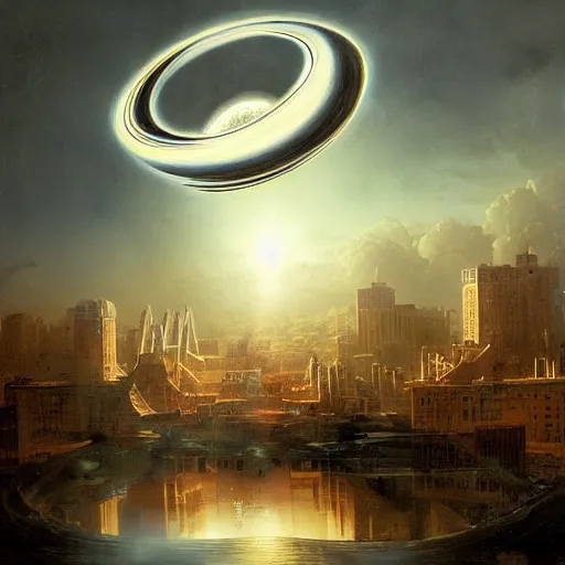 Image similar to black hole rising above city, city destroyed by shockwave, digital art, art by gonzalo fuenmayor, asher brown durand