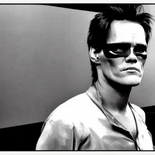 Image similar to very wellmade photo of young Jim Carrey as a scifi futuristic cyberpunk hacker