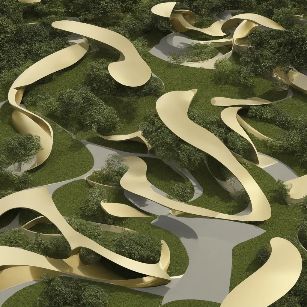 Image similar to “ an incredibly smooth curvilinear architectural immersive physical sculpture, unfolding continuous golden surfaces enclose a visually satisfying garden designed by zaha hadid, architecture render ”