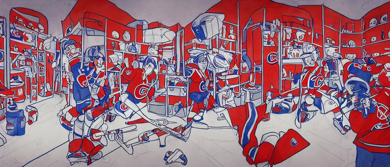 Prompt: montreal canadiens habs centre bell hockey dressing room, style of studio ghibli + moebius + basquiat, cute, detailed,