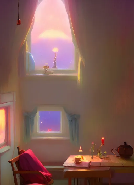 Prompt: beautiful interior of a cozy cottage, delphin enjolras, goro fujita, makoto shinkai, trending on artstation