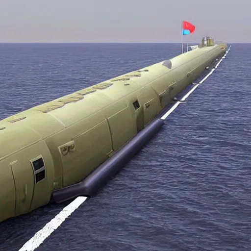 Image similar to navy nuclear submarine with wheels driving on the highway