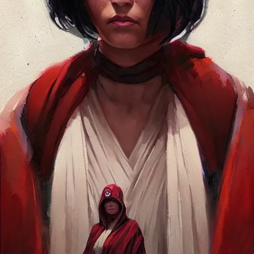 Image similar to portrait of a woman by greg rutkowski, jedi queen, half asian, black bob hair, star wars expanded universe, she is about 5 0 years old, wearing jedi red robes.