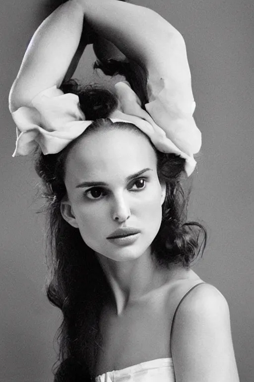 Image similar to 23 year old natalie portman making stupid faces, dressed like a clown from the 40s, loose messy hair , thoughtful eyes, wearing a thin white skimpy cotton camisole, pale skin, poised beautiful body, symmetrical face, zen aesthetic, interior design, amber and blue color scheme, sophisticated, pensive, contemplation, meditation, aloof, ethereal, realistic painting