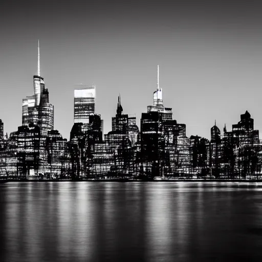 Prompt: minimalist black and white photograph of the new york skyline, time exposure