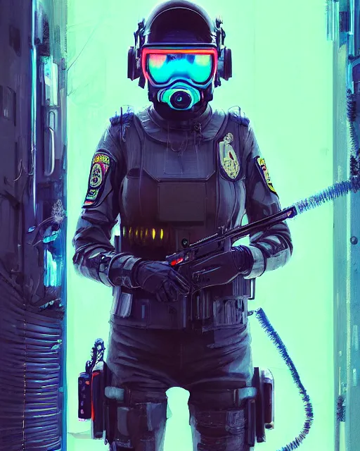 Image similar to detailed neon female swat officer flying a jet, cyberpunk futuristic, neon, reflective puffy coat, decorated with traditional japanese by ismail inceoglu dragan bibin hans thoma greg rutkowski alexandros pyromallis nekro rene margitte, wide angle, illustrated, perfect face, fine details, realistic shaded, fine - face, pretty face