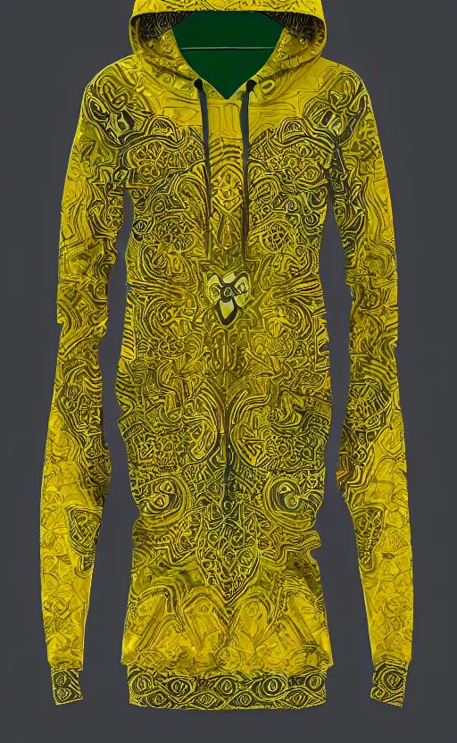 Image similar to hoodie, batik pattern, yellow, green, trendsetter, fashion of the year fiction, stability, intricate, elegant, 8 k, uhd, justify, artstation, concept art, matte, sharp focus, illustration, consistent, highly detailed object content, proportional object content