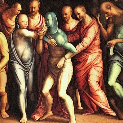 Image similar to alien walking between people, Renaissance painting style