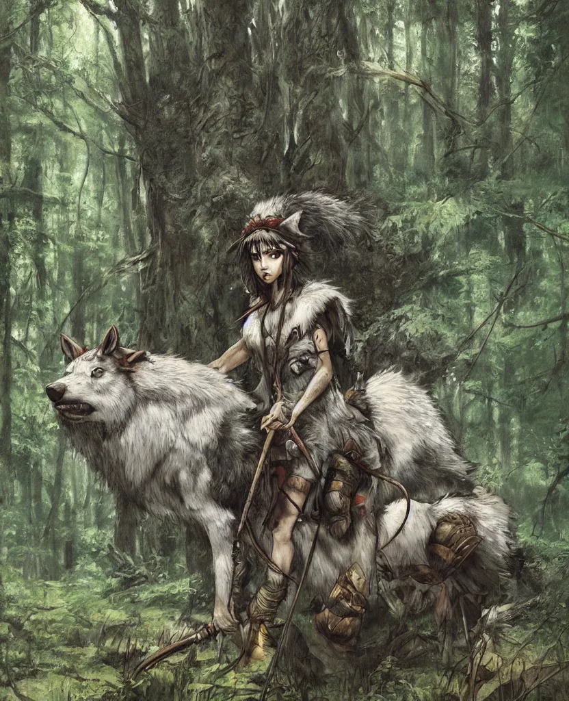 Image similar to portrait of fierce Princess Mononoke, fully clothed in armor, lush forest landscape, painted by james gurney, denoised, sharp, architectural