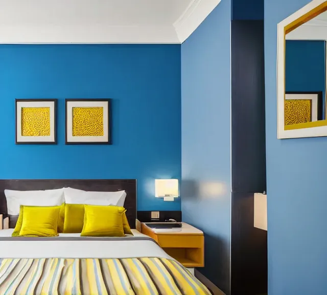 Image similar to a 4 k photorealistic photo hotel room picture of a luxury blue and yellow hotel room suite