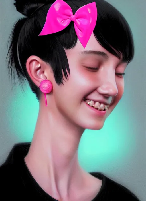 Image similar to portrait of high school girl, realistic, black hair, bangs, half updo hairstyle, pointy nose, skinny, smile, ugly, defined jawline, big chin, pink hair bow, earrings, intricate, elegant, glowing lights, highly detailed, digital painting, artstation, sharp focus, illustration, art by wlop, mars ravelo and greg rutkowski