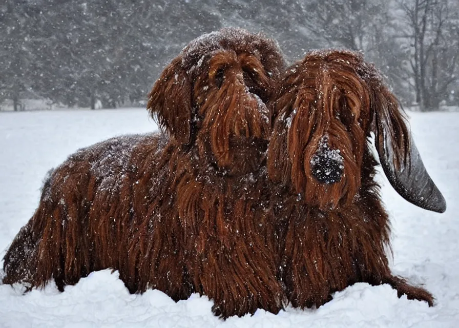 Image similar to Giant woolly dachshund with mammoth tusks, in the middle of a snow storm