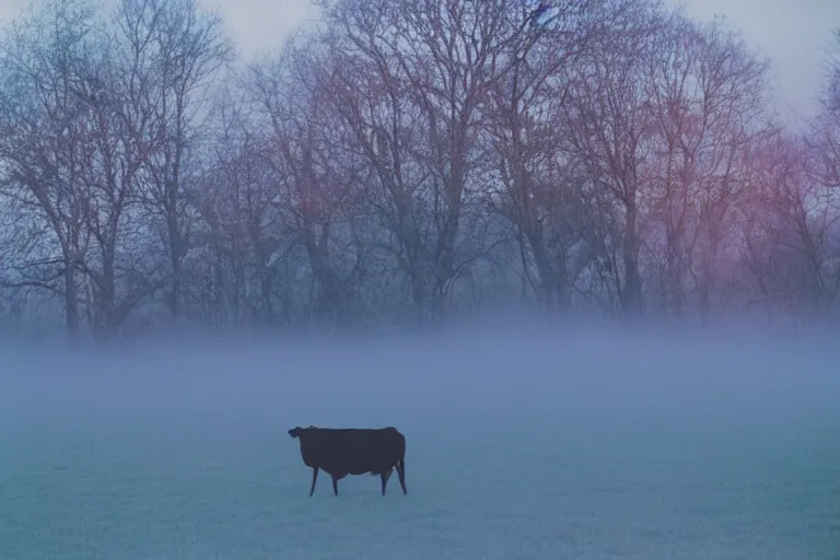 Image similar to film color photography, cow in the blue fog at the lawn, mountains in distance, 35mm