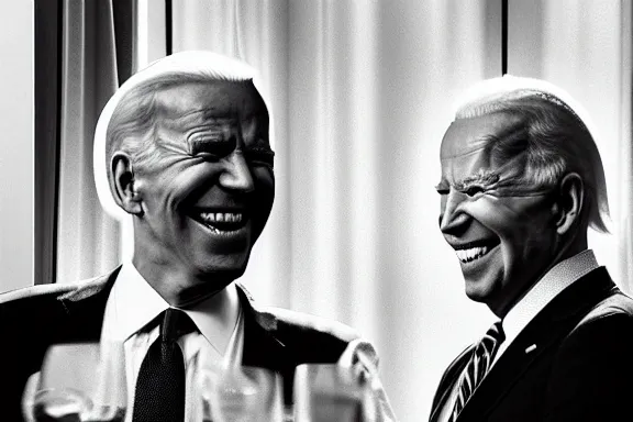 Prompt: “ very very intricate photorealistic photo of the devil and joe biden laughing together, detailed natural lighting, award - winning crisp details ”