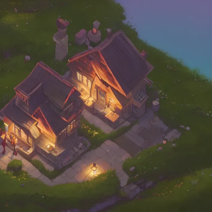 Image similar to rpg top down view of a lovely cottage, cory loftis, james gilleard, atey ghailan, makoto shinkai, goro fujita, studio ghibli, rim light, exquisite lighting, clear focus, very coherent, plain background, soft painting