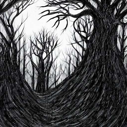 Prompt: dark trees illustration, dark fantasy, black ink on white paper, sketched 4k