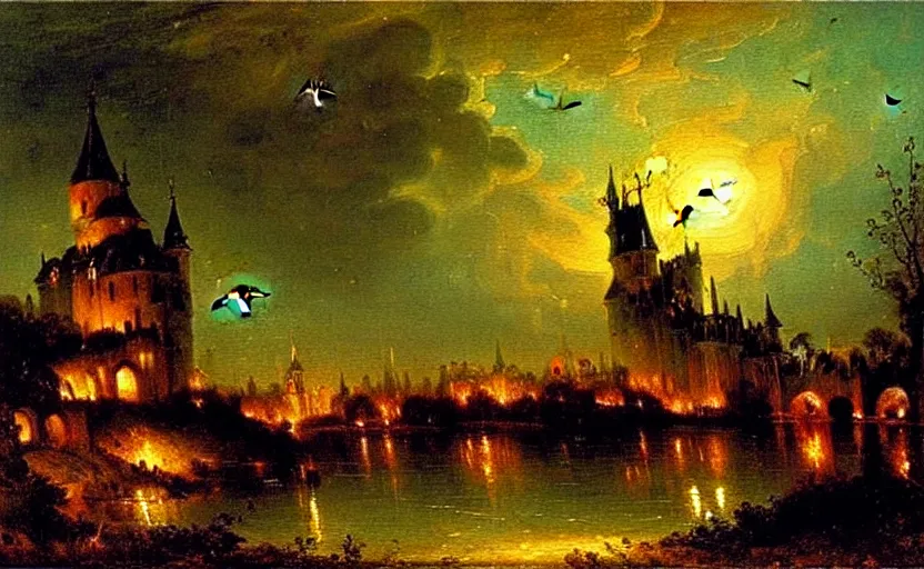 Prompt: oil painting by karl bryullov, french gothic burning! castle at night, bats flying away from castle, blur, bokeh