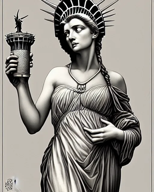 Prompt: Beautiful and playful lady liberty portrait, art nouveau, fantasy, holding a vase by Rene Lalique , elegant, highly detailed, sharp focus, art by Artgerm and Greg Rutkowski and WLOP