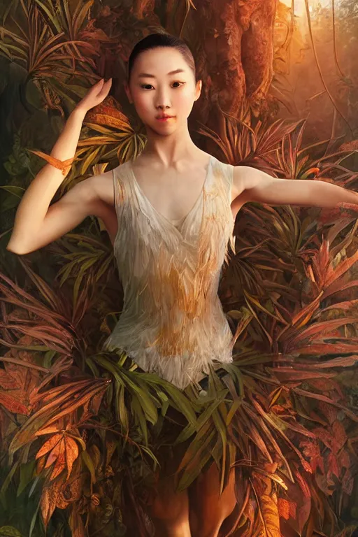 Image similar to stunningly beautiful, asian prima ballerina in jungle, symmetrical face, golden hour, smooth, focus, highly detailed, hyper realistic, dramatic lighting, elegant, intricate, concept art, art by wlop, mars ravelo, greg rutowski