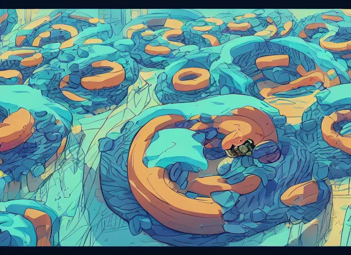 Image similar to concept art of a donut landscape made of donuts, cel shaded, in the style of makoto shinkai and moebius and peter mohrbacher and anton fadeev