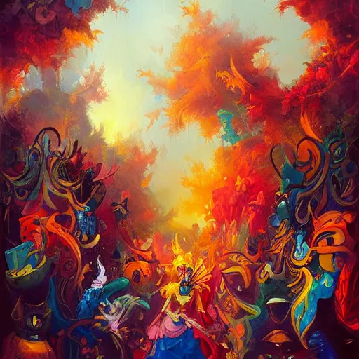 Prompt: a beautiful and vivid and colorful peter mohrbacher and andreas rocha impasto acrylic painting of a masquerade ball