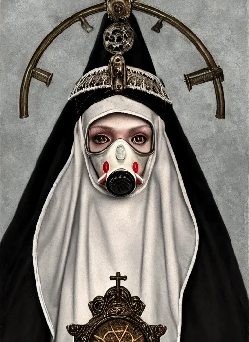 Prompt: highly detailed closeup portrait of a goth medieval nun wearing a crown and a gas mask sitting on a throne, nicoletta ceccoli, mark ryden, lostfish, global illumination, god rays, detailed and intricate environment